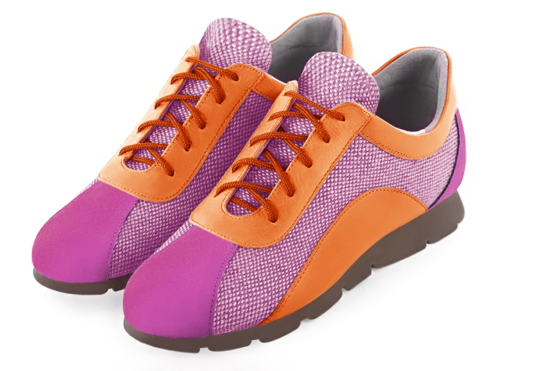 Shocking pink and apricot orange women's two-tone elegant sneakers. Round toe. Flat rubber soles. Front view - Florence KOOIJMAN